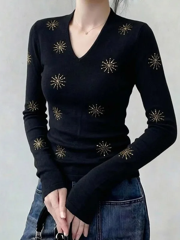 

Женская футболка больших размеров с V-образным вырезом, стразами и длинным рукавом, облегающая, в корейском стиле, весенняя, модная, базовая, для ношения под одеждой