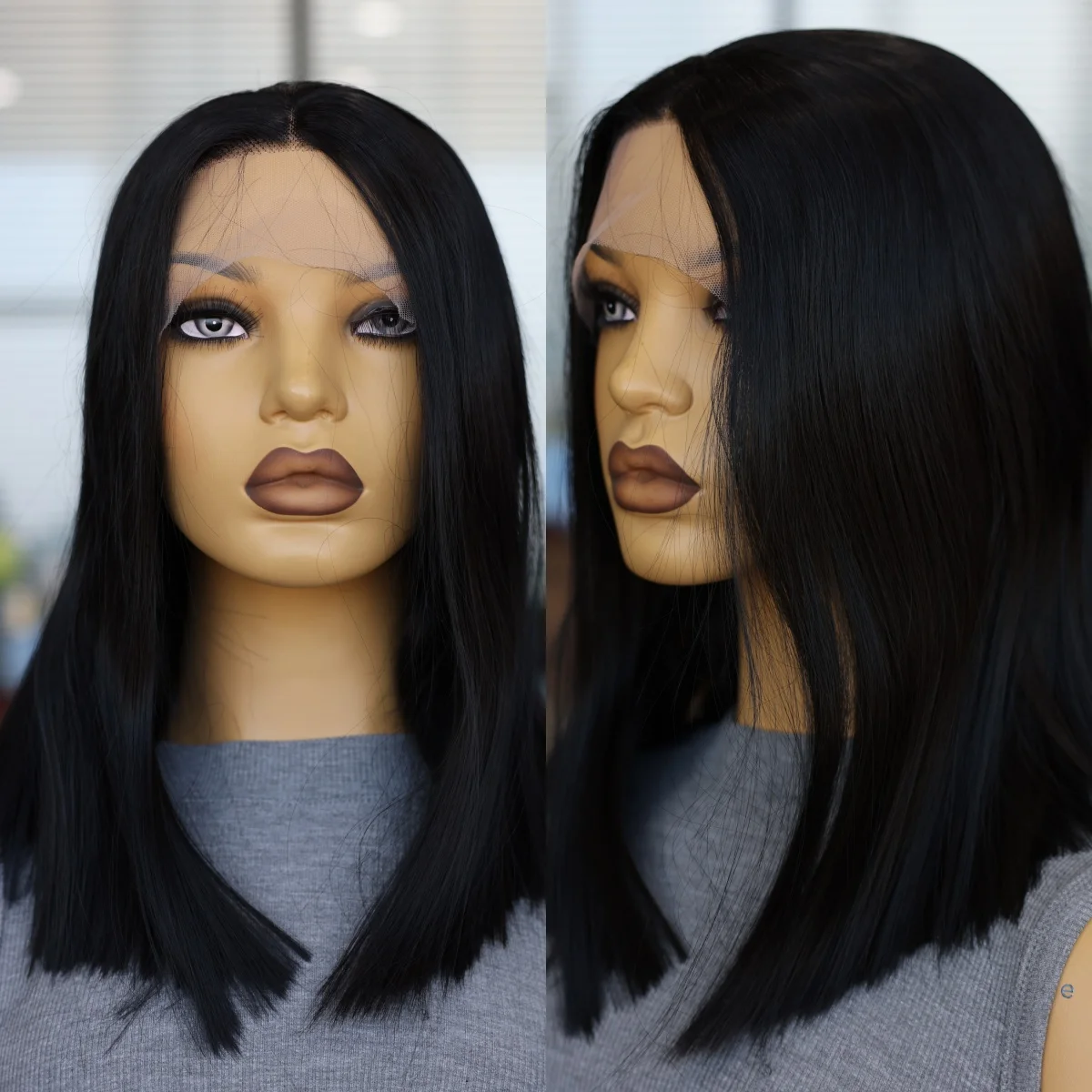 Black Mid-Length 16 Inches Synthetic Wig Faux Lace Front Hair Women's Wig for Cosplay Dating Parties Natural Hairline Smooth