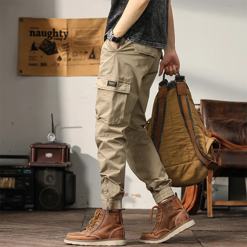 Pantalones Cargo de cintura alta para hombre, pantalones informales ajustados con cordón, ropa de trabajo recta de calle alta, ropa de calle de tendencia