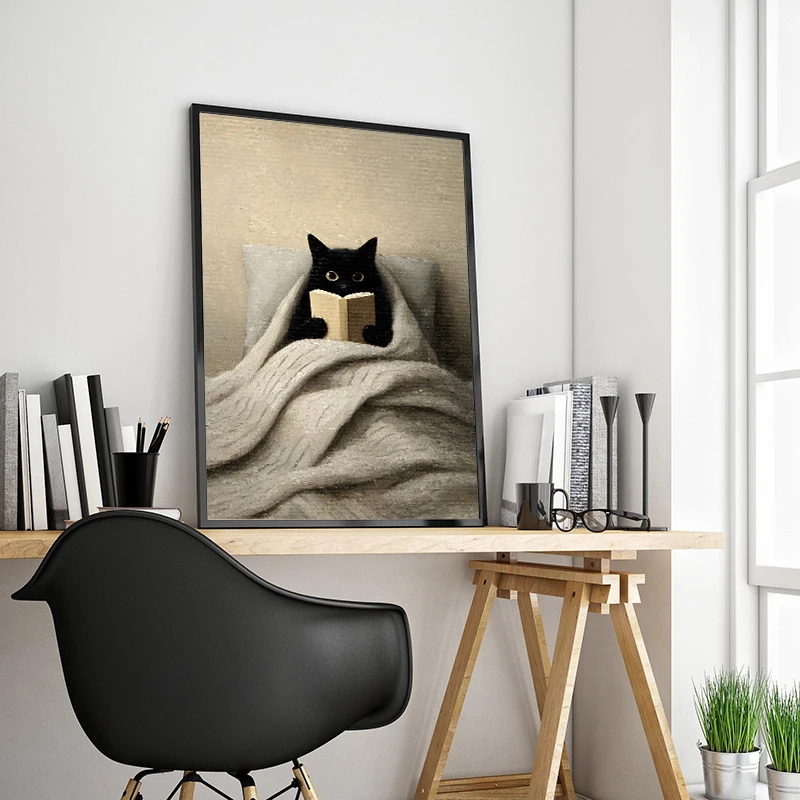 Black Cat Reading in Cozy Bed Orange Cat Cherry Blossom Lotus Landscape Canvas Painting Print Wall Art Picture Room Home Decor