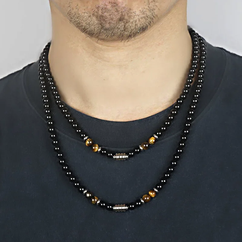 2023 Trendy Natural Tiger Eye Stone Beaded Necklace For Men Vintage Stainless Steel Geometric Pendant Necklace Men Jewelry LYC-6