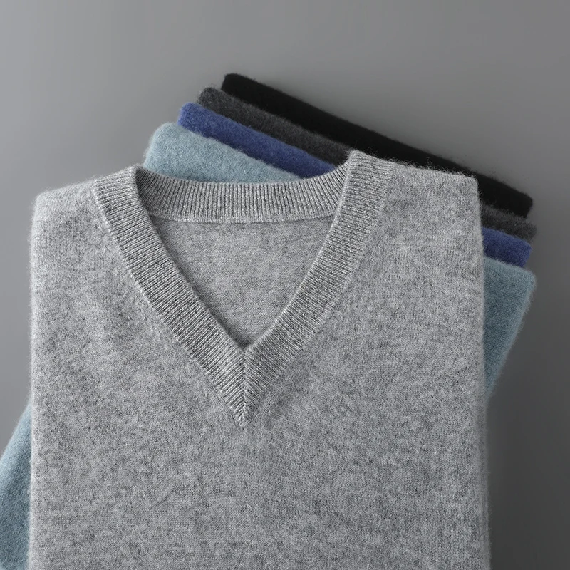 

Chic Autumn Winter Men's V-Neck 100% Merino Wool Knitted Pullover Long Sleeve Sweater Soft Smart Casual Wool Tops Basic Clothing