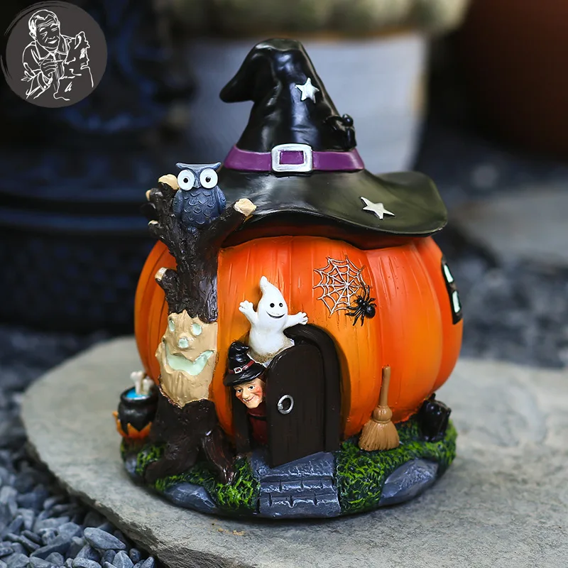 20CM High Halloween Witch Pumpkin House Ornament Garden Luminous Decoration Gift Resin Crafts