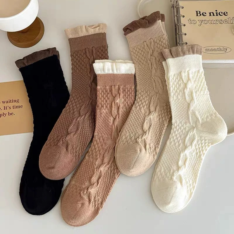 

Socks Mid-Calf Japanese Sweet Lace Socks Breathable Dark Stripe Earth Color Stacked Socks Women