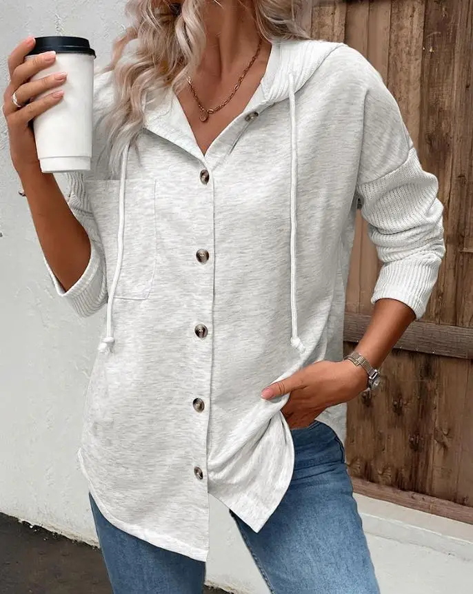 

2023 New Long Sleeve Knit Ribbed Spliced Button Front Drawstring Hoodie Jacket Drop Shoulder Pocket Design Asymmetrical Hem Coat