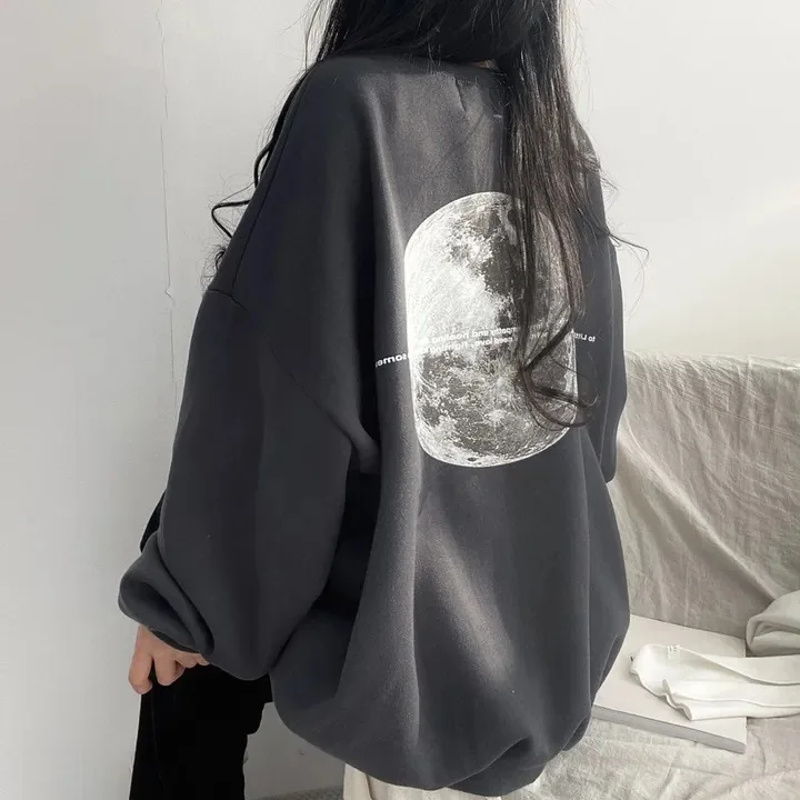 ผู้หญิงHoodiesผ้าฝ้ายHoodedเสื้อMoonพิมพ์ผู้หญิง 2025 ฤดูใบไม้ร่วงฤดูหนาวกราฟิกขนแกะPulloverเสื้อแขนยาว