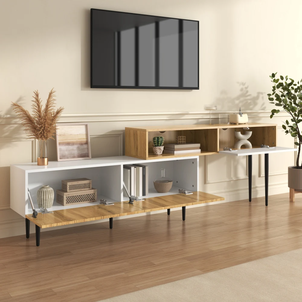 Moderner TV-Schrank mit verstellbarer Länge, Holzoptik + weiß matt, schwarze Metallbeine, multifunktionale Wohnzimmermöbel – Detail 10