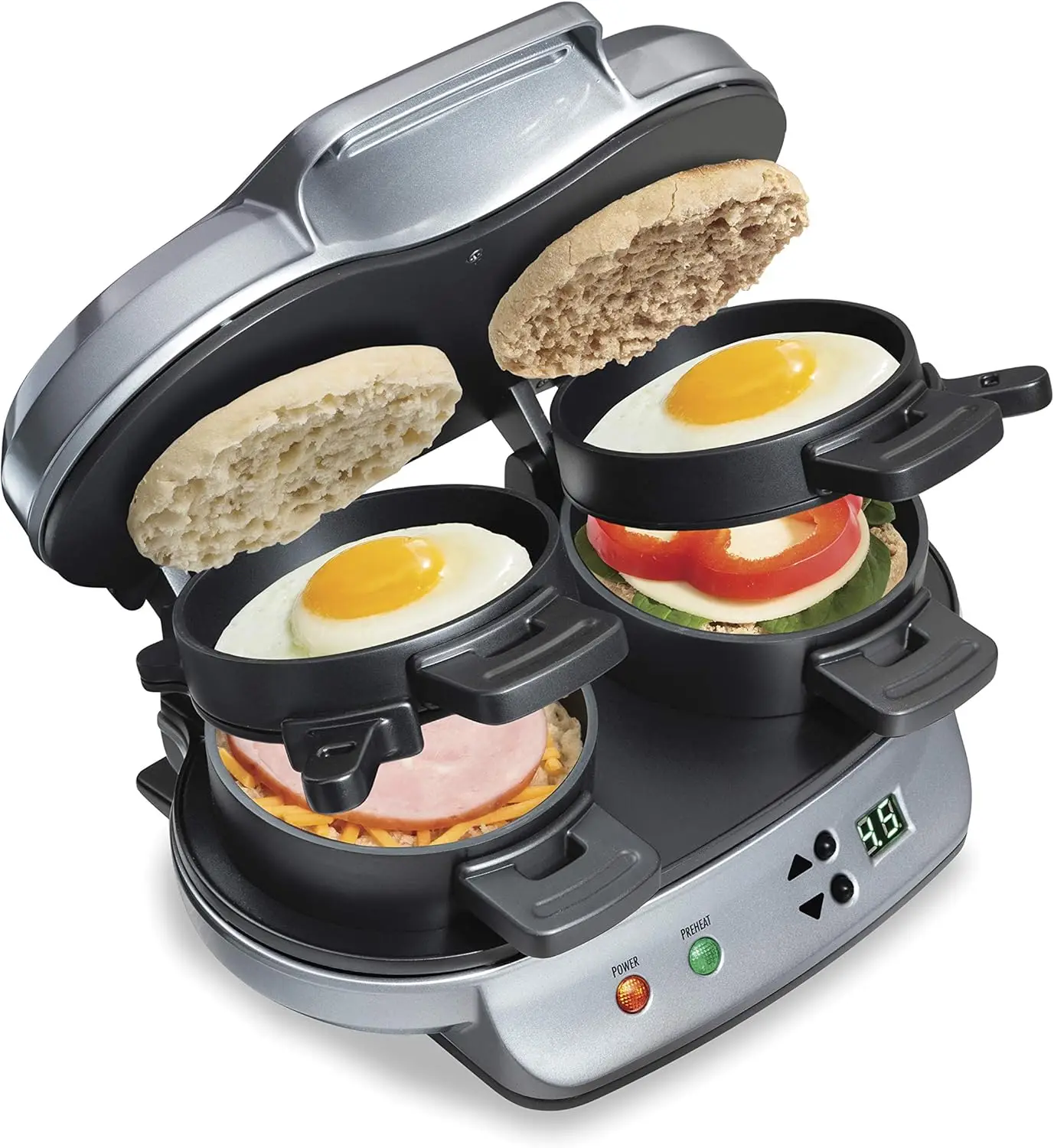 

Dual Breakfast Sandwich Maker with Timer, Ready in 5 Minutes, Dishwasher Safe Non-Stick Egg Cooker Ring, Silver
