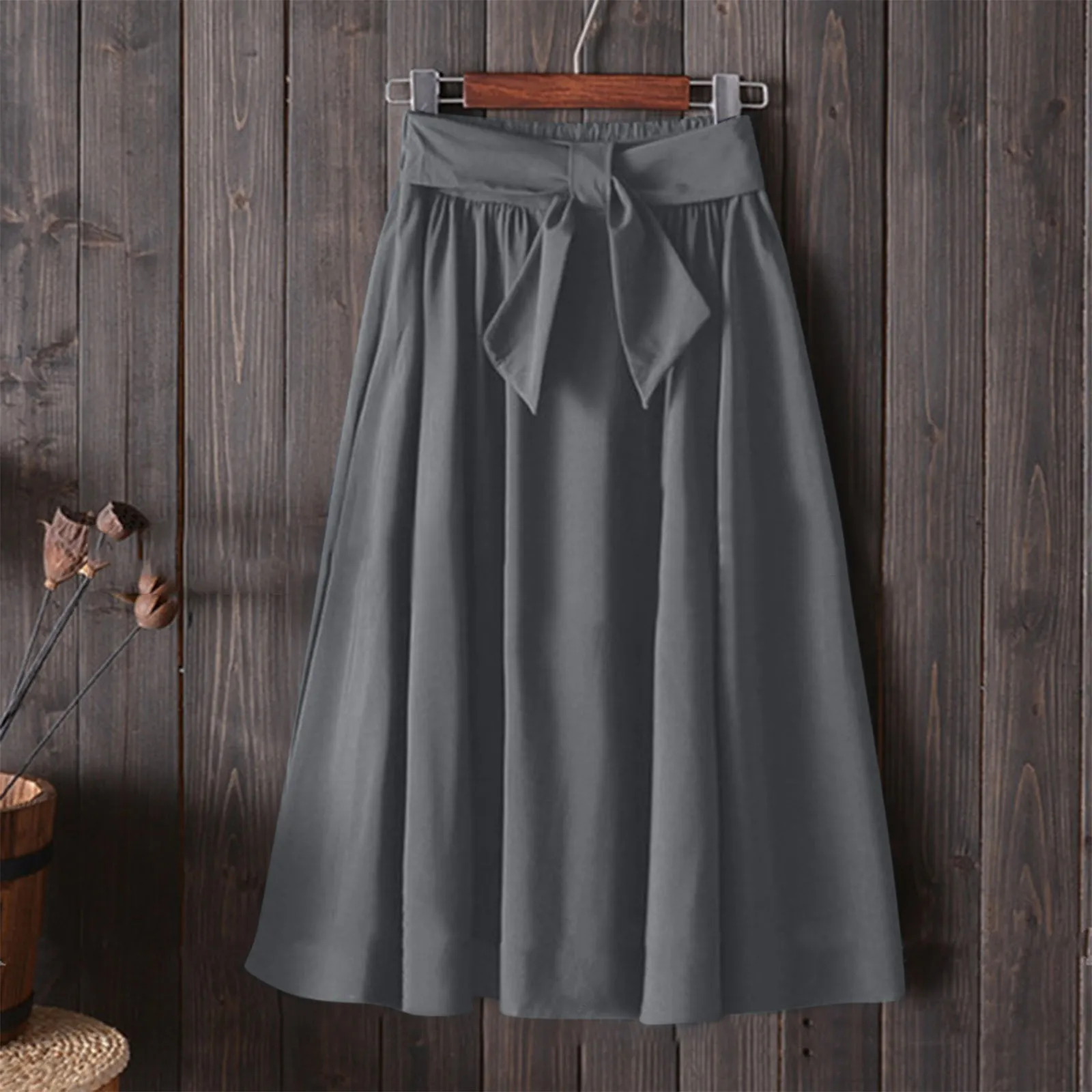 

Women's Casual Solid Colour A Line Skirt Versatile Mid Length Half Body Skirt Loose Pleated Half Body Skirt With Bow Belt