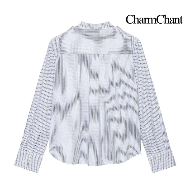 CHARMCHANT Womens Long Sleeve Shirt Grid Plaid Band Collar Shoulder Tab Back Pleat Relaxed Fit Button Front Cotton Spring 2026