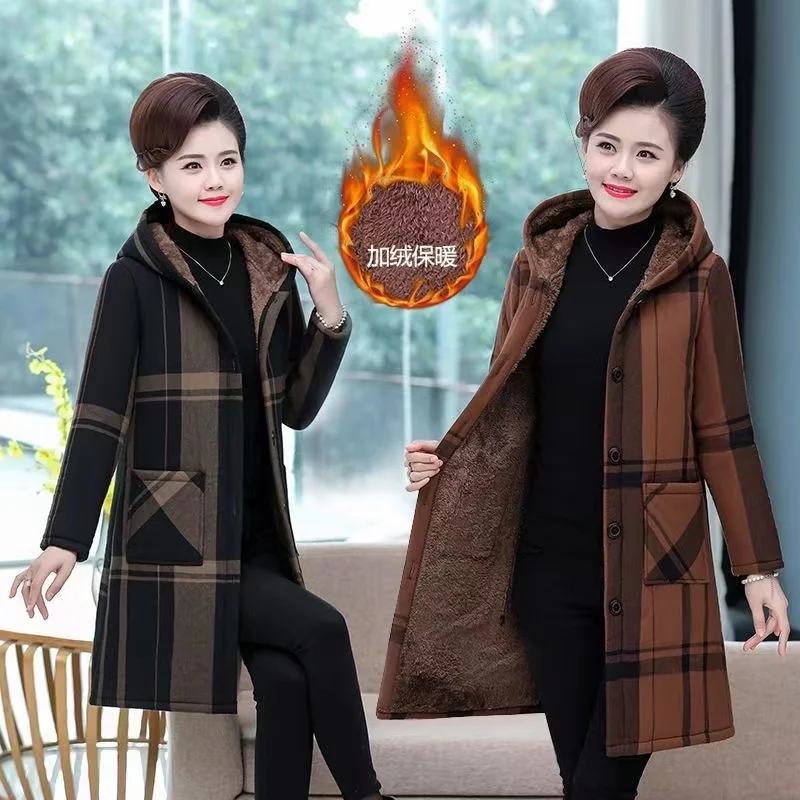 2023 New Women's Winter Jacket Coat Plaid Velvet Warm Mid Long Cotton Padded Jacket Middle-aged Female Hooded Outerwear 5XL