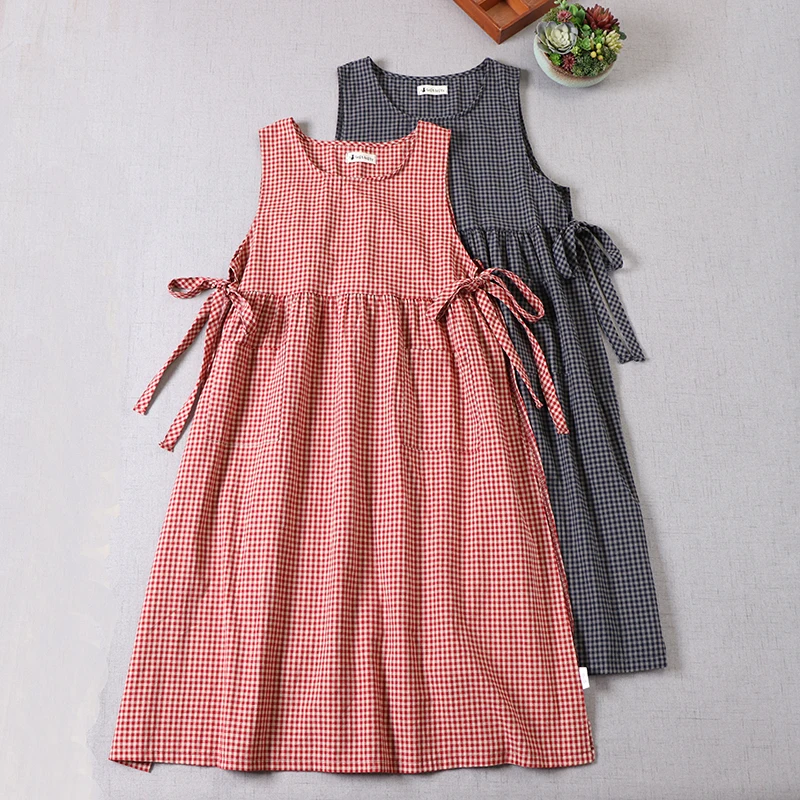 Japanese Mori Girl Vintage Plaid Cotton Linen Tank Dress Women O-Neck Sleeveless Bandage Cover Up Casual Loose Midi Dresses