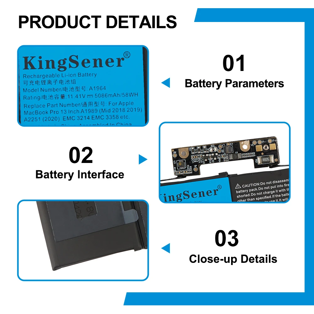KingSener A1964 Laptop-Akku für Apple MacBook Pro A1989 13" (2018/2019) A2251 (2020) EMC3214 EMC3358 020-02497 MR9Q2LL/A 58Wh – Detail 5