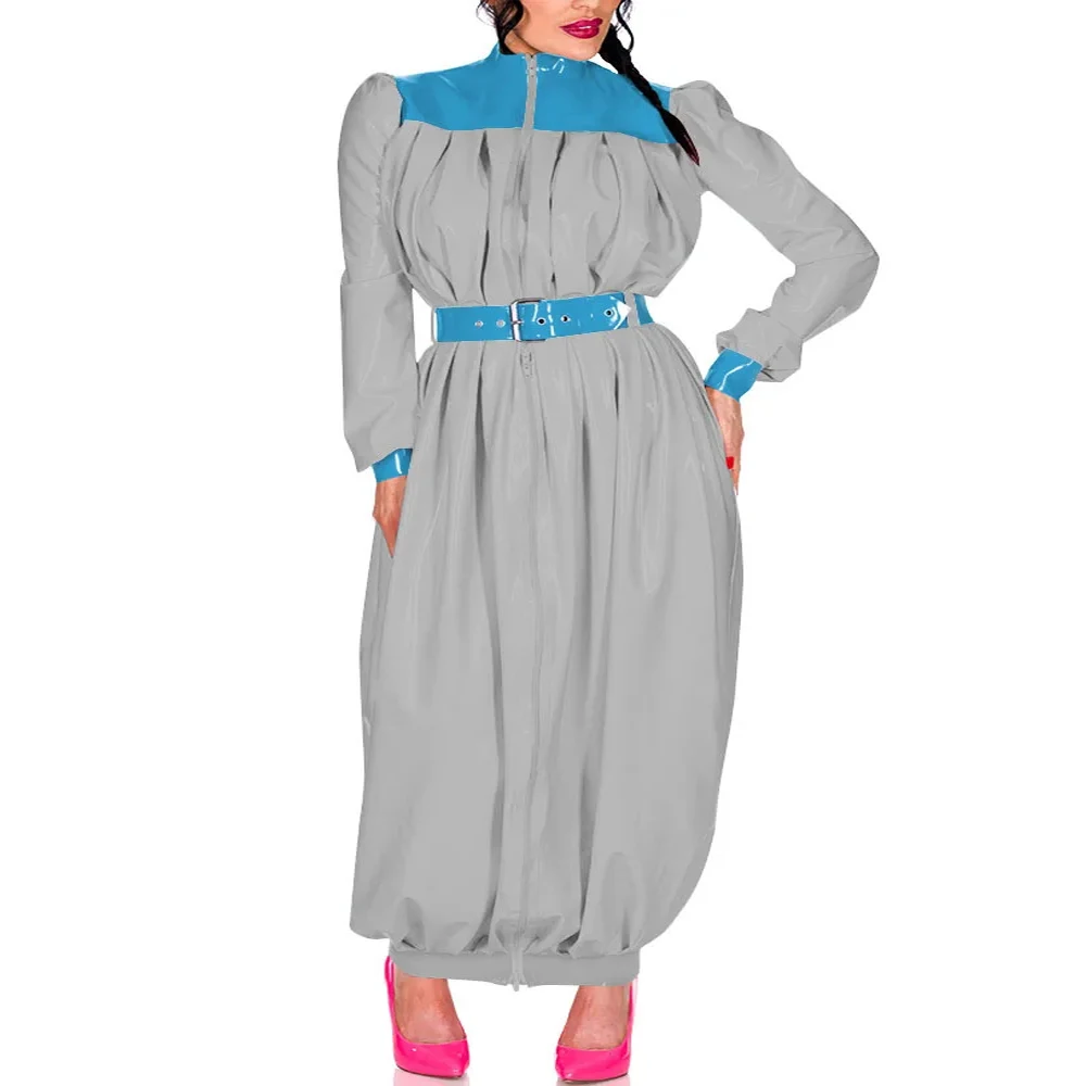 Plus Size Ankle-length Hobble Dress Sexy Long Sleeve Wet PVC Leather Belted Dress Sissy PU Party Long Maresha Dress with Pleats