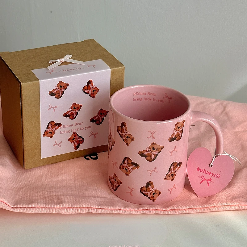 Original Super Cute Bow Teddy Bear Ceramic Cup Breakfast Coffee Cup Pink Coffee Mug