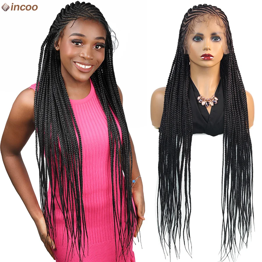 Synthetic Knotless Cornrow Braided Wigs Full Lace Box Braided Wigs For Black Women Fulani Side Part Goddess Full Lace Braids Wig