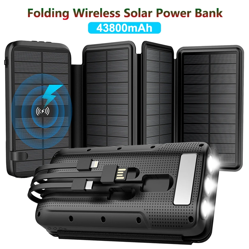 

43800mAh Portable Solar Power Bank with Solar Panel PD20W Fast Wireless Charger Powerbank for iPhone 16 Samsung Xiaomi Poverbank