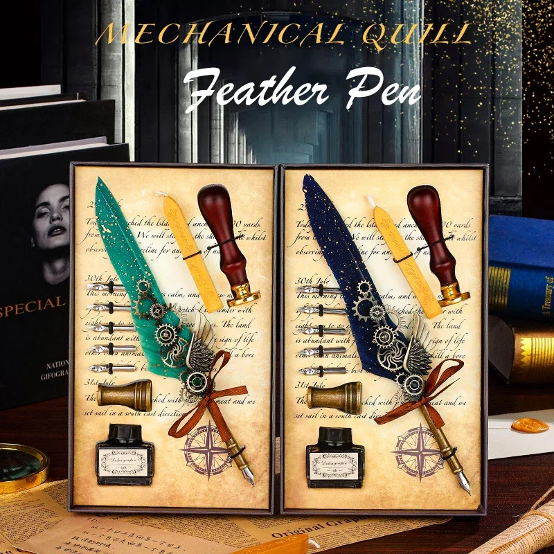 Luxury Fountain Pen Set Vintage Sprinkling Gold Feather Pen Ink Bottle Calligraphy Writing Dip Pen Birthday Gift Box 5 Nib Quill