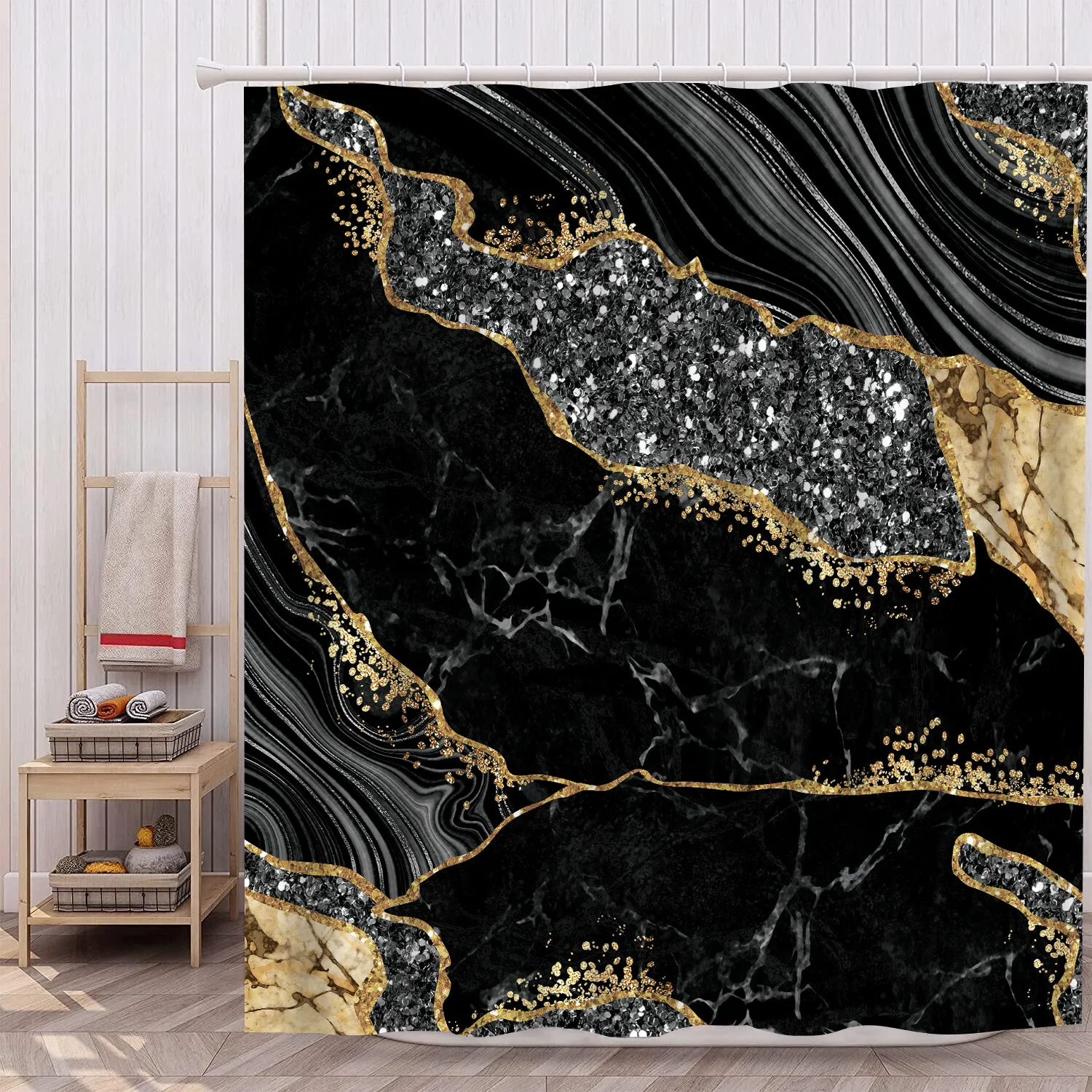 1Pc marble waterproof shower curtain, elegant luxurious bathroom decor, with 12 plastic hooks.