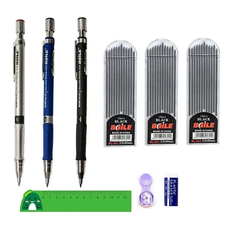 Mechanical Pencil Set 2.0mm with 2B Black/Colors Lead Refill Eraser for Student Writing Sketching Painting Automatic Pencil