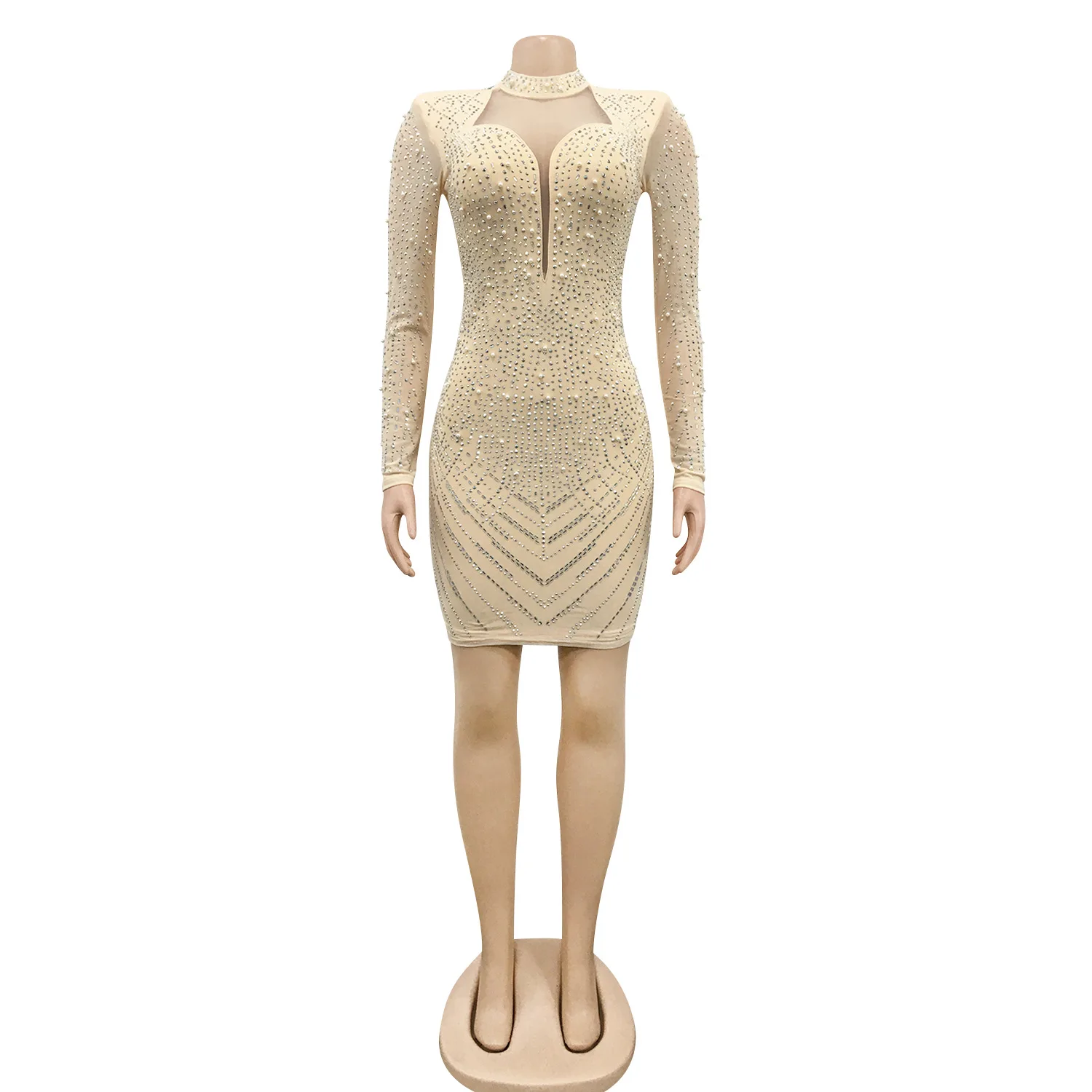 ใหม่แฟชั่นเซ็กซี่แขนยาว V คอเลื่อมตาข่าย Sheer สีทึบ Slim Fit Sheath เหนือเข่าชุดผู้หญิง, 2 สี