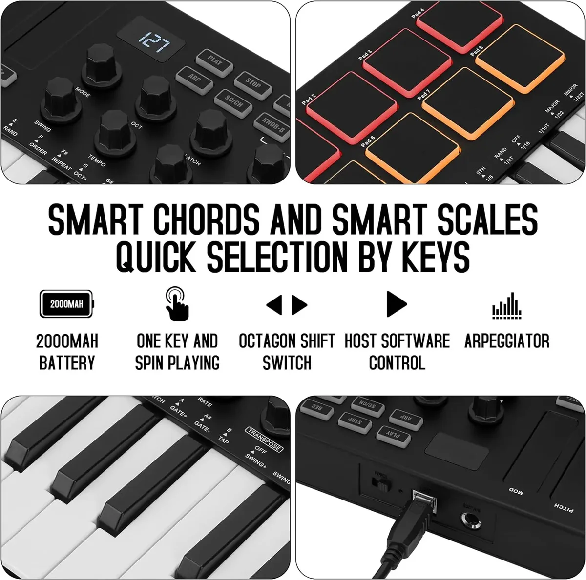 M-VAVE SMK-25 II MIDI Control Keyboard  Mini USB Pad 25 Key Usb Midi Controller,16 RGB Drum Pads,8 Knobs