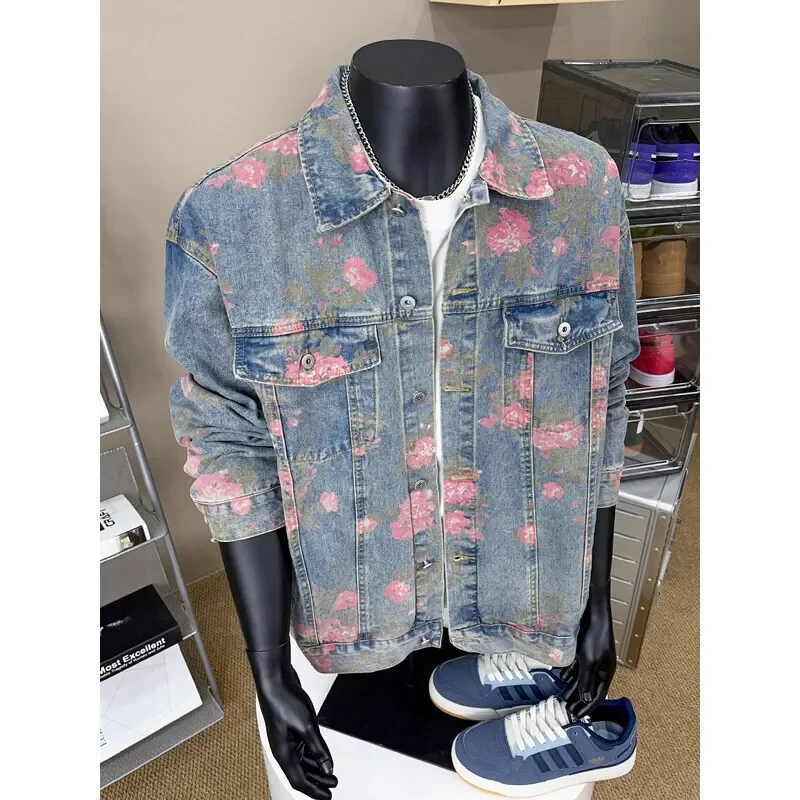 

Pop Blue Flower Denim Jacket Men Fashion Retro Printed Jacket Men Streetwear Hip-hop Loose Bomber Jacket Mens Denim Jackets Coat