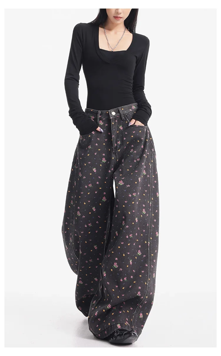 Y2K Floral Denim Pants Wide Leg High Waisted Retro Sweet Cool Ground Length Casual for Women