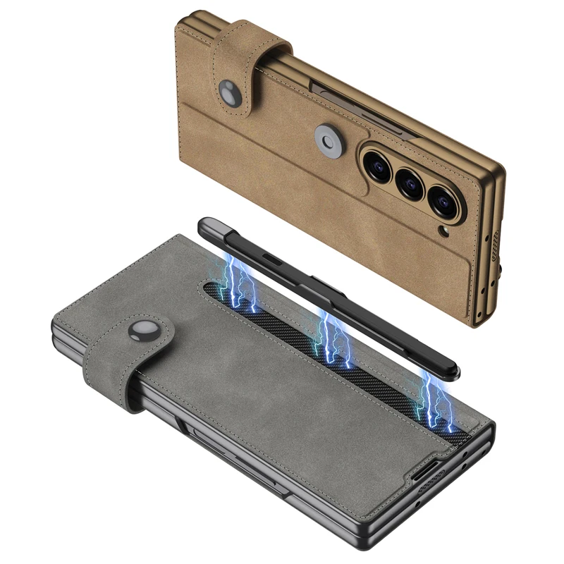 For Samsung Galaxy Z Fold 6 Case Vintage Leather Folding Stand Cover with Tempered Glass + Magnetic Pen Slot For Z Fold6