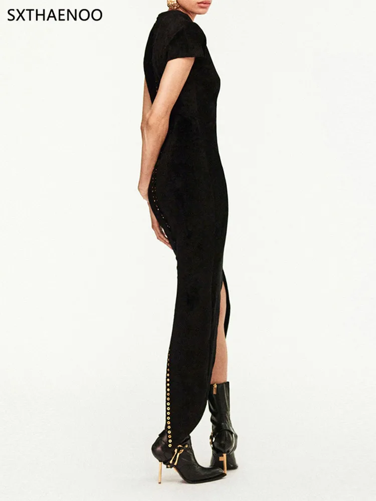 เดรสยาวแฟชั่นทรงสลิมแบบต่อผ้า สายเดี่ยว คอวี แขนสั้น ทรงทูนิค ผ่าข้าง สไตล์วินเทจ สำหรับผู้หญิง