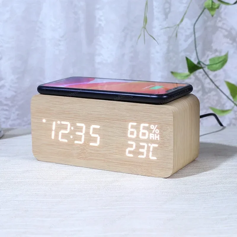 Smart Wireless Charging Clock Thermohygrometer Electronic Alarm Clock LED Digital Wooden Electronic