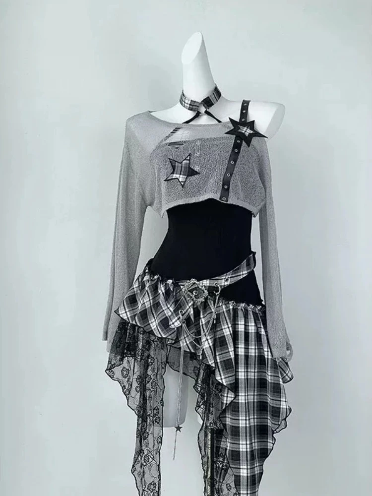 Black Gothic American Vintage 2 Piece Suits Y2K Crop Top Blouse Irregular Dress Women Slim Fit Korean Harajuku Retro Outfit - view 5