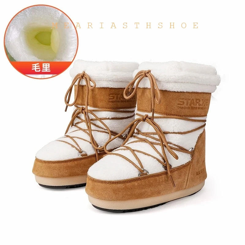 New 2026 Women's Thick Bottomed Furry Moon Boots Winter Warm Mid-Calf flat Snow Boots Lightweight Balance Support Slip-On Casual