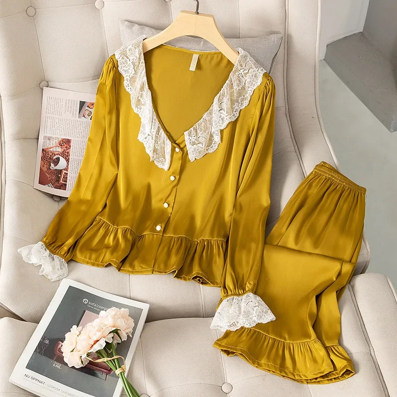 

V-neck Sleepwear Women 2PCS Pajamas Set Faux Silk Nightwear Casual Shirt&Pants Intimate Lingerie Soft Pijamas Lounge Wear