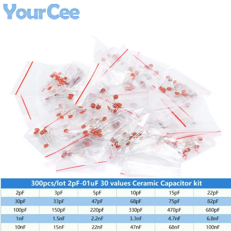 

300pcs/lot Ceramic Capacitor Set 2pF-0.1uF Capacitance Electronic Components Capacitor Assorted Kit Samples DIY 30 Values*10pcs