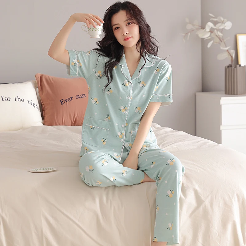 Elegant Flower Women\'s Pajama Set Summer Lapel Printed Modal Cotton Sweet Pajamas For Ladies Big Yards Cardigan Casual Tracksuit