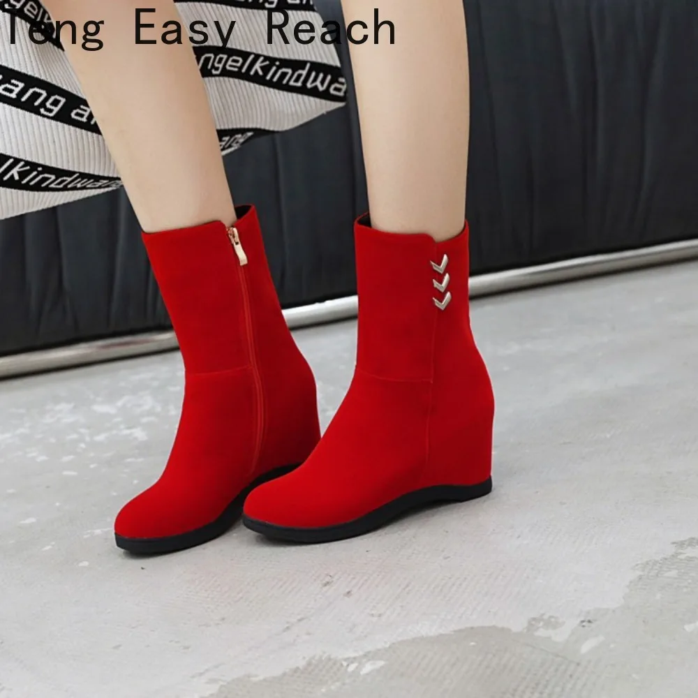 

New Woman Faux Suede Keep Warm Plush Snow Boots For Women Wedges Roman Gladiator Boots Black Red Plus Size 33-43