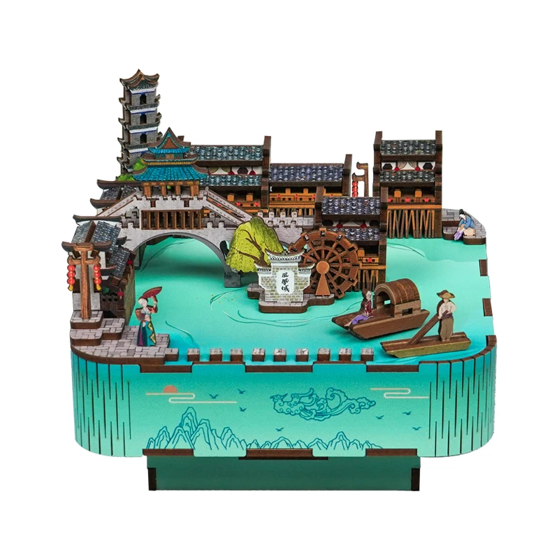 DIY 3D Wooden Fenghuang Ancient Town Music Box Miniature Model Kits Jigsaw Puzzles With Light Can Move for Friend Birthday Gifts