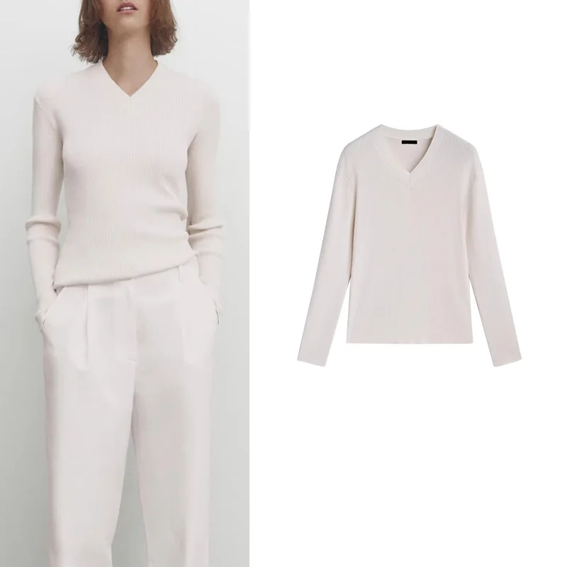 Elegante Suéter de Punto con Cuello en V, Ajustado y Cómodo, Mezcla de Seda, Tejido Acanalado, para Mujer, Otoño, Nueva Llega...