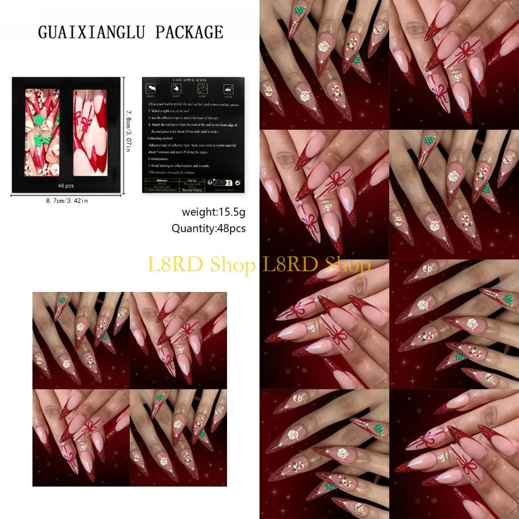 L8RD 48PC Christmas Wine Red French Glitters Press On Snowman Design Artificial With Sparkling Snowflakes For Holiday