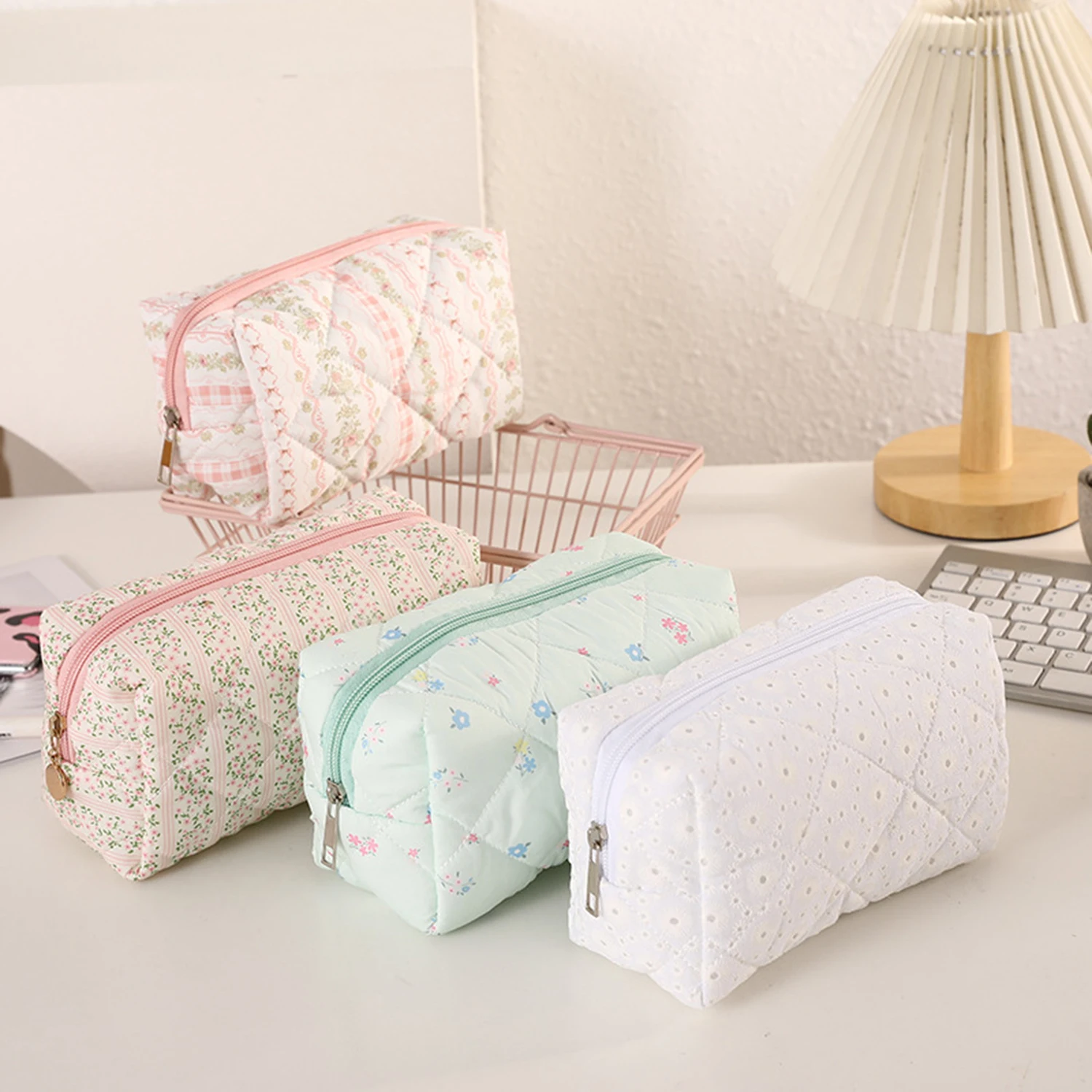 Cute Floral Quilted Pencil Case Cotton Zipper Storage Bag Multiple Patterns Practical Gift For Teen Girls School Office Supplies