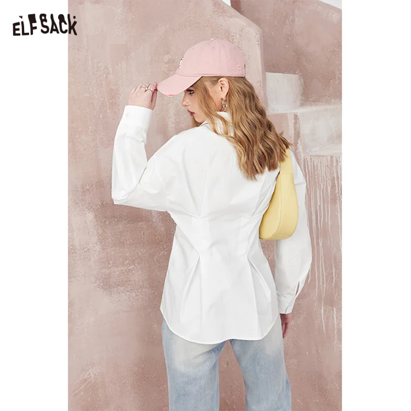 ELFSACK white latern sleeve solid color polo neck blouse 2024 fit in spring lace up casual office style top long sleeve blouse