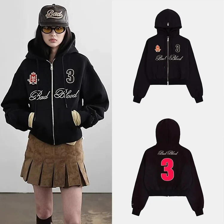 American Style Retro Hoodie Women's Casual Heavy Embroidery Jacket Long Sleeve Loose Fit Regular Length Commute Style