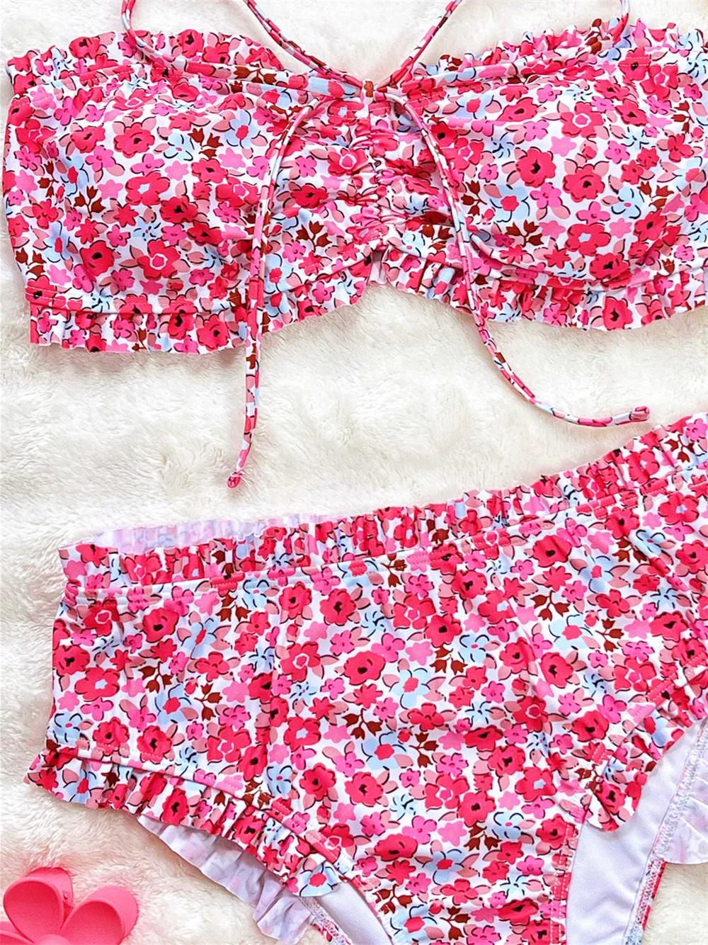 مثير الرباط العصابة بيكيني الرجعية Ruched الأزهار ملابس السباحة النساء عالية الخصر Tankini عطلة ملابس الشاطئ الزي ثوب السباحة #5