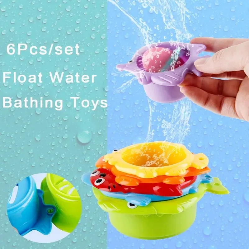 6PCS Baby Bath Toy Floating Water Stacking Toy Kids Swimming Pool Educational Toy for Children Cartoon Animal Bathroom Beach Toy