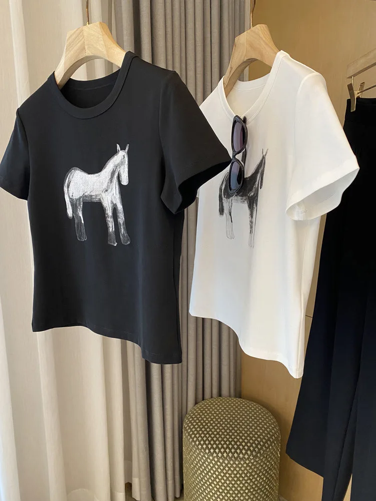 

Женская повседневная базовая футболка с круглым вырезом и принтом пони, коллекция «Ранняя весна»