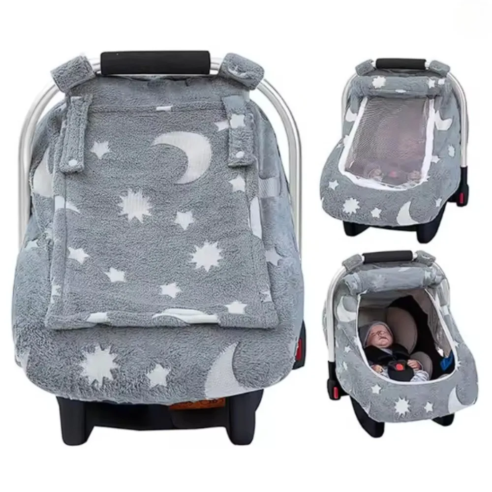 

Soft Flannel Baby Safety Car Seat Cover Windproof Car Seat Canopy with Breathable Mesh Window Baby Stroller Cover