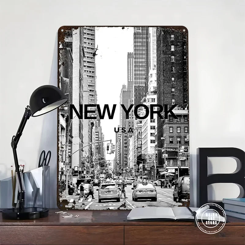 New York City Street Black and White Poster Customized Wall Art Vintage Metal Signs Retro Tin Plaque for Man Cave House Home