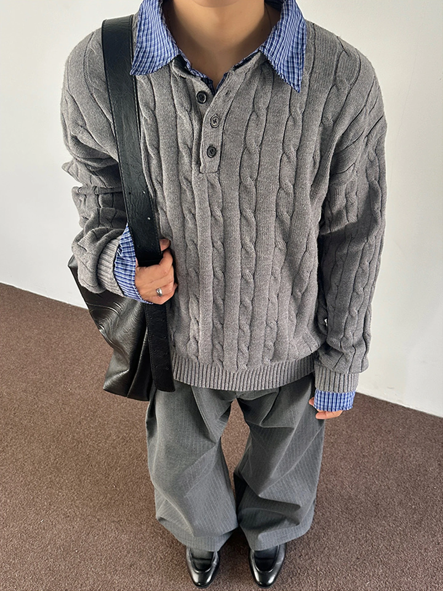 

American Retro Men's Knitted Sweater with Henry Collar Lazy Sle Twist Knitwear Coat Autumn Season Soft Loose Fit Long Sve