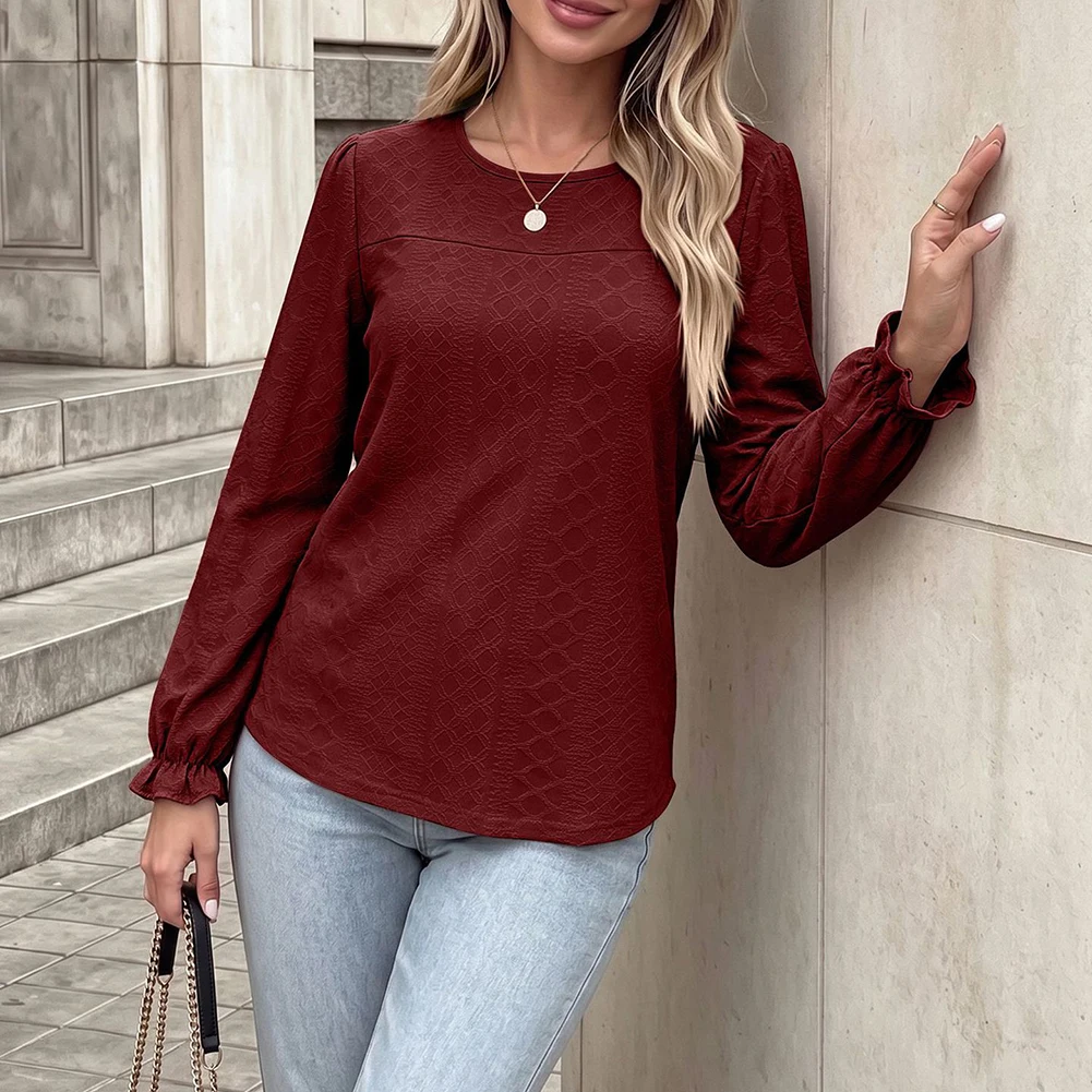 Ladies Solid Color Loose Round Neck Long Sleeve Patchwork Casual Top for Summer Vacation Beach Cycling Fitness Activities